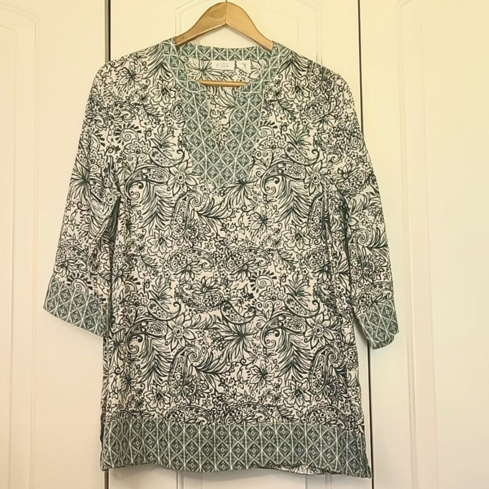 Sigrid Olsen 100% Linen Floral Paisley Tunic Top Green White Size S